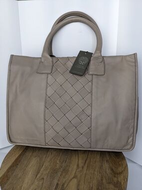 Vince Camuto Leori Grey Taupe Woven-Panel Leather Tote